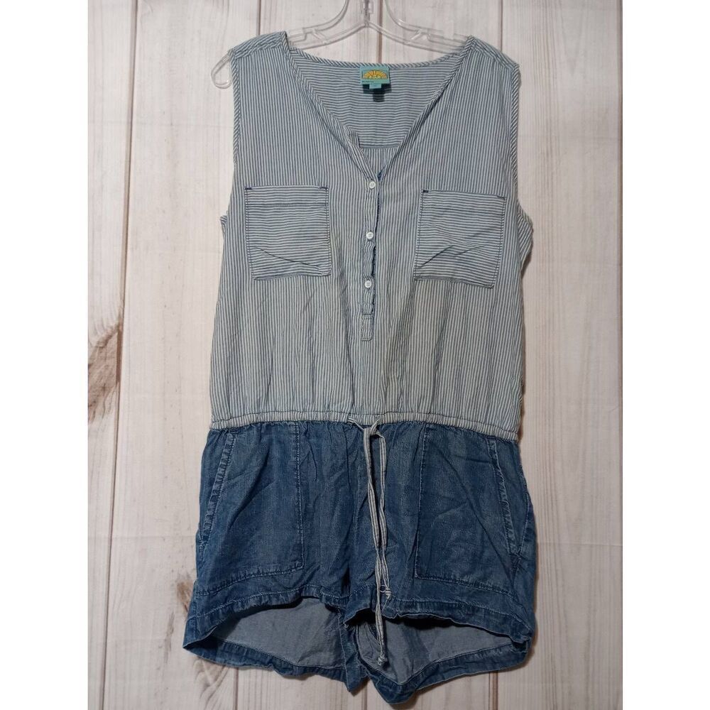 C&C California‎ Women Striped Chambray Romper Blue White Sleeveless Medium